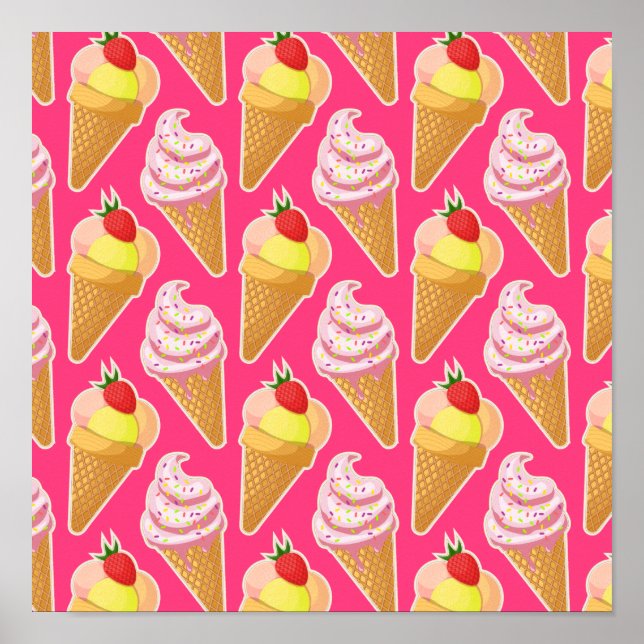 Kawaii pink pattern with strawberry ice cream  poster (Front)