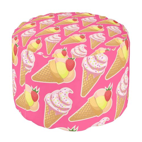Kawaii pink pattern with strawberry ice cream  pouf