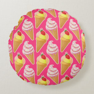 Kawaii pink pattern with strawberry ice cream round pillow