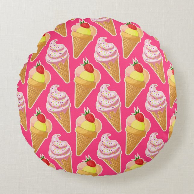 Kawaii pink pattern with strawberry ice cream  round pillow (Front)