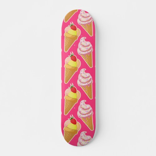 Kawaii pink pattern with strawberry ice cream skateboard