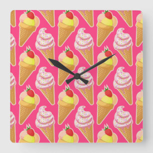 Kawaii pink pattern with strawberry ice cream  square wall clock