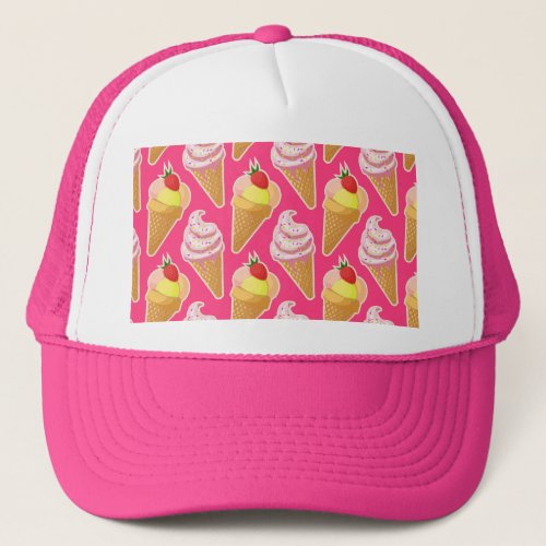 Kawaii pink pattern with strawberry ice cream  trucker hat