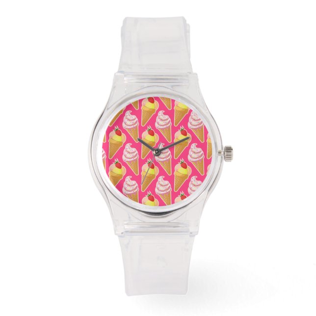 Kawaii pink pattern with strawberry ice cream watch (Front)