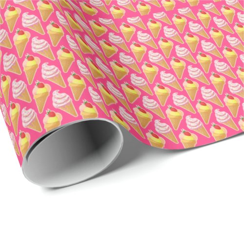 Kawaii pink pattern with strawberry ice cream  wrapping paper