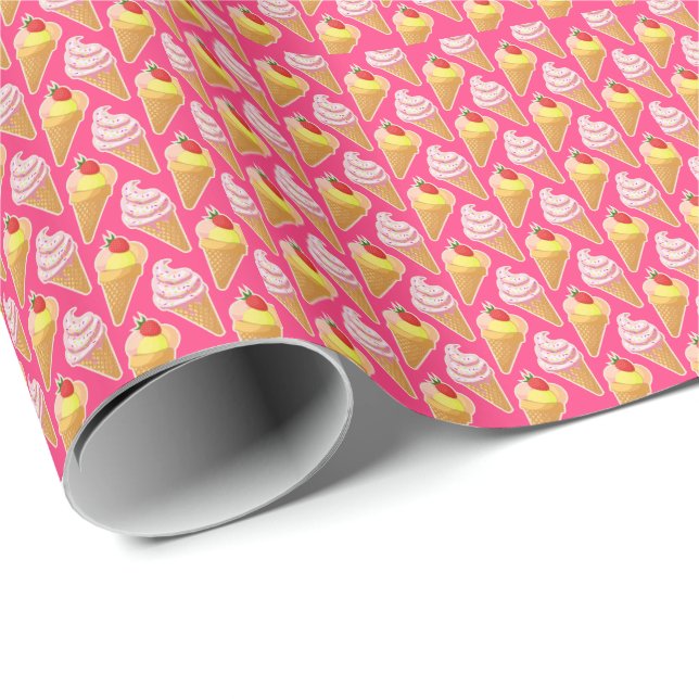 Kawaii pink pattern with strawberry ice cream  wrapping paper (Roll Corner)