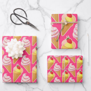 Kawaii pink pattern with strawberry ice cream wrapping paper sheets