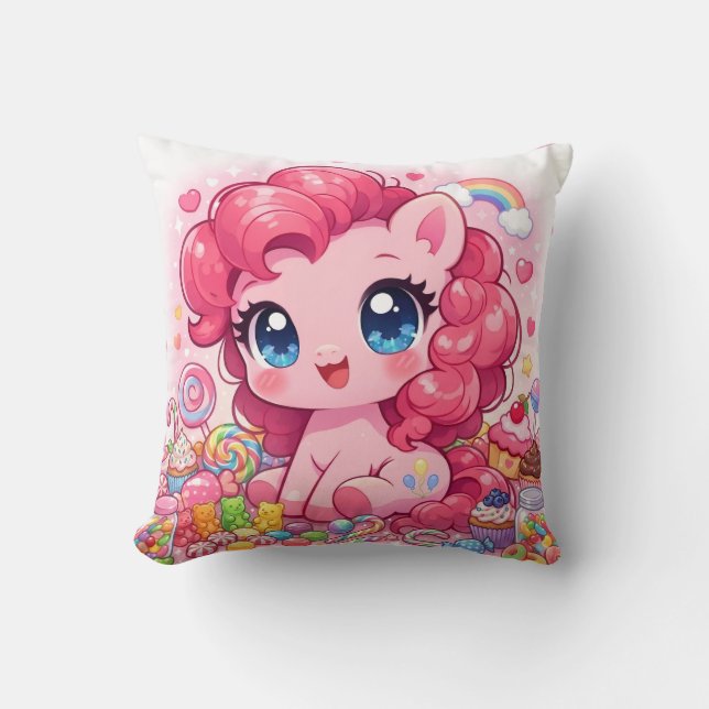 Kawaii Pink Pony Chibi Art Throw Pillow (Front)