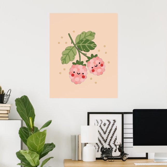 Kawaii Pink Raspberry  | Cute Smiling  Poster (Home Office)