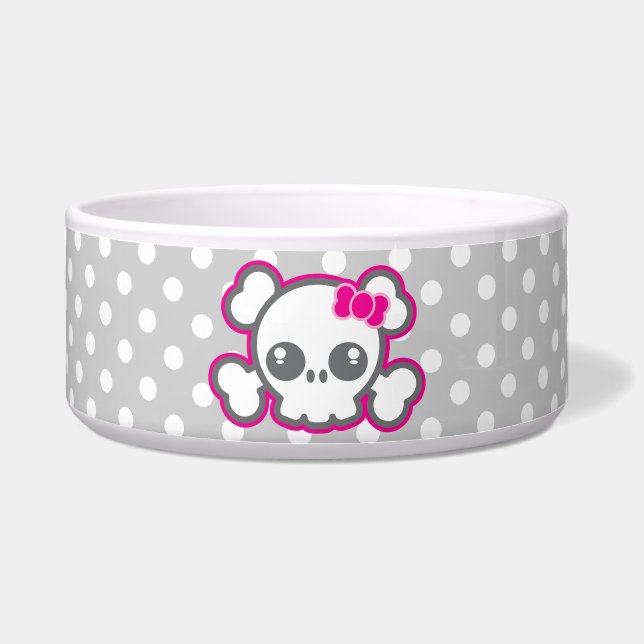 Kawaii Pink Ribbon Skull Dog Bowl (Front)