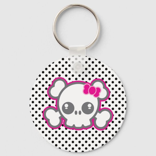 Kawaii Pink Ribbon Skull Keychain (Front)