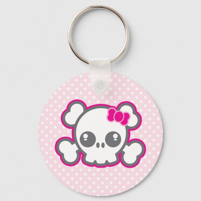 Kawaii Pink Ribbon Skull Keychain (Front)