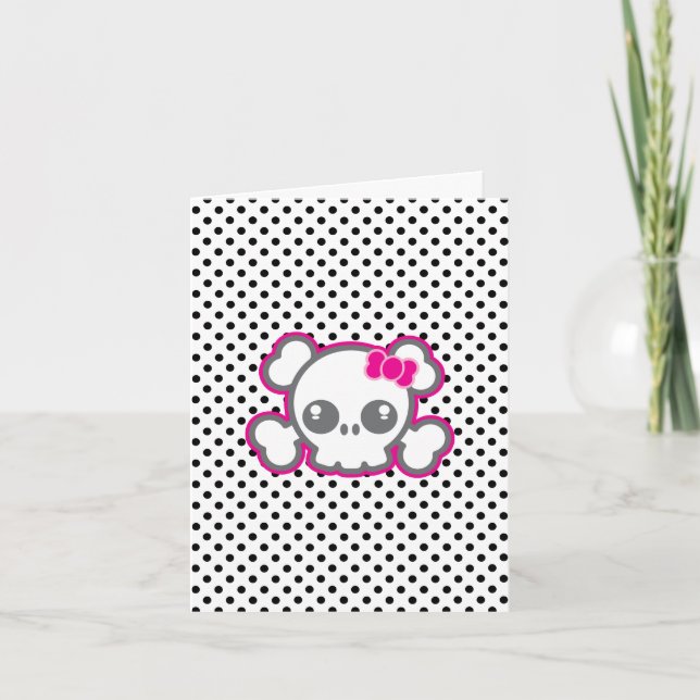 Kawaii Pink Ribbon Skull Note Card (Front)
