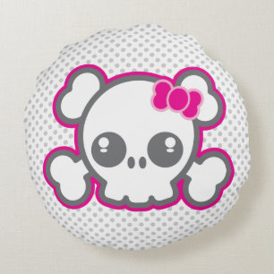 Kawaii Pink Ribbon Skull Round Pillow