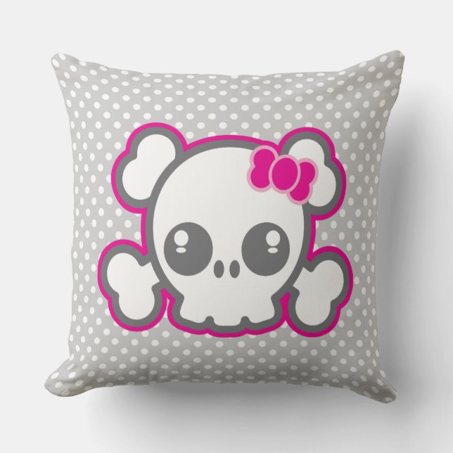 Kawaii Pink Ribbon Skull Throw Pillow (Front)