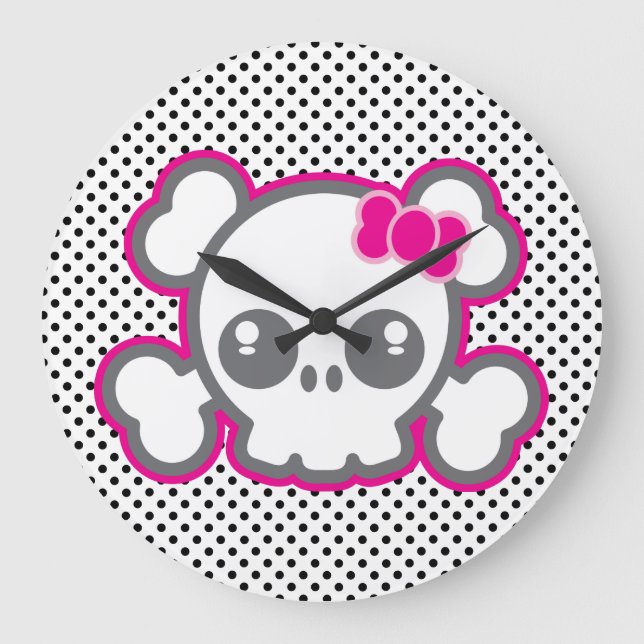 Kawaii Pink Ribbon Skull Wall Clock (Front)
