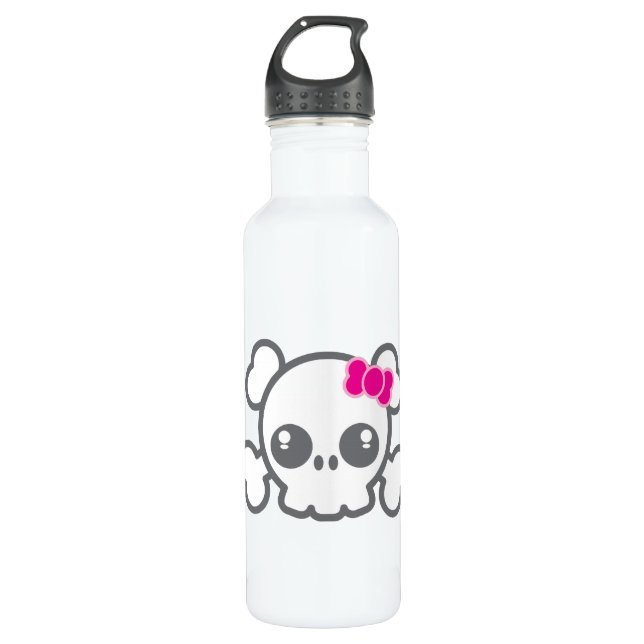 Kawaii Pink Ribbon Skull Water Bottle (Front)