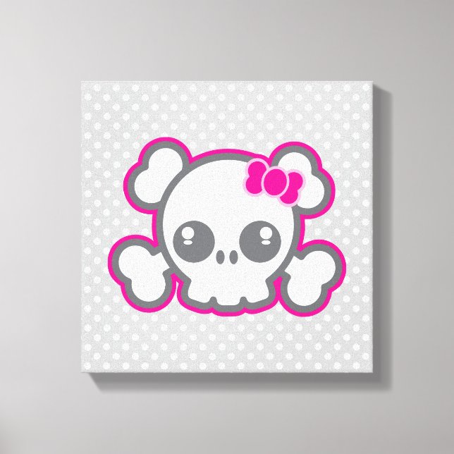 Kawaii Pink Ribbon Skull Wrapped Canvas (Front)