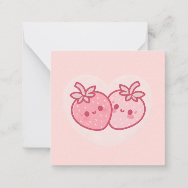 Kawaii Pink Valentines Strawberries Note Card (Front)
