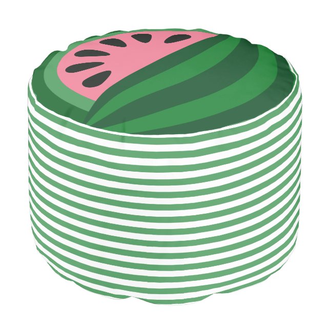 Kawaii Pink Watermelon Fruit w Green Stripes Pouf (Angled Front)