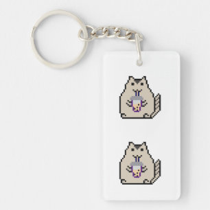“Kawaii Pixel Art Cat Boba Tea Lover – Funny Cute  Keychain