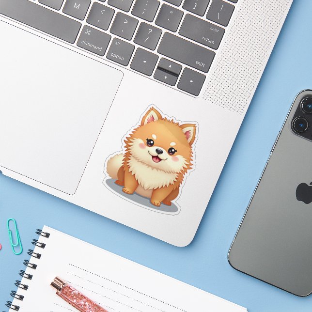 Kawaii Pomeranian, Charming Bow-Wow, Small Sticker (Laptop w/ iPhone)