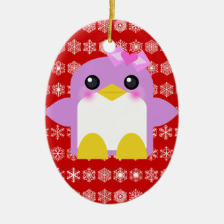 Kawaii Pretty Penguin & Snowflakes Ceramic Ornament