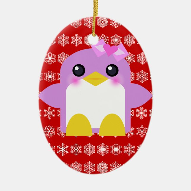Kawaii Pretty Penguin & Snowflakes Ceramic Ornament (Front)