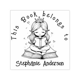 Kawaii Princess Book Reading Crown Hearts Library Self-inking Stamp