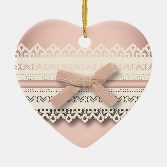 Kawaii princess girly chic white lace pink bow ceramic ornament (Front)