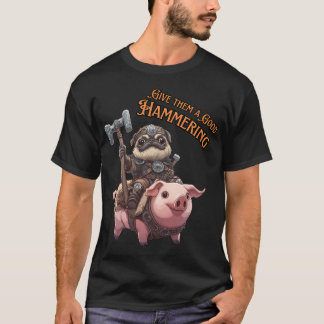 Kawaii Pug in Armor Riding Pig with Battle Hammer  T-Shirt