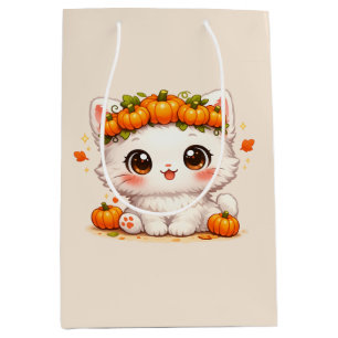 Kawaii Pumpkin Crown Kitty – Cute Autumn Cat Medium Gift Bag