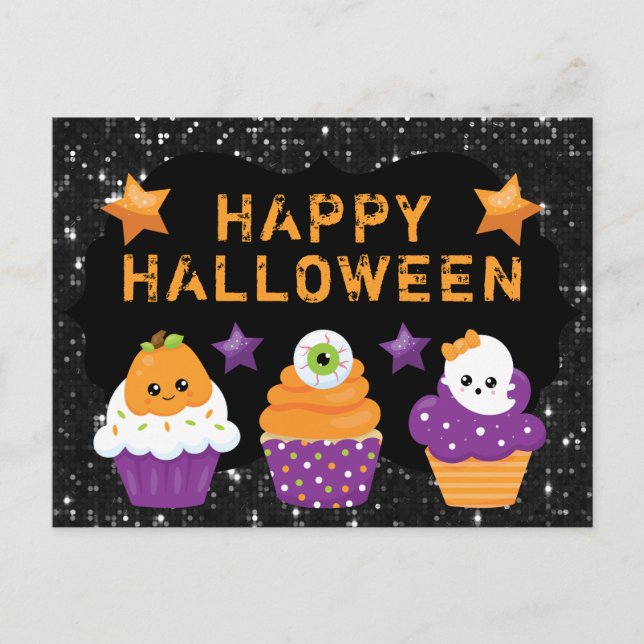 Kawaii Pumpkin Eyeball Ghost Cupcakes Halloween Postcard (Front)
