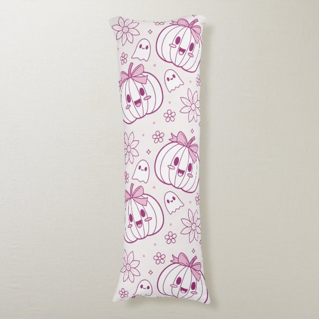 Kawaii Pumpkins, Ghosts & Flowers Body Pillow (Front Vertical)