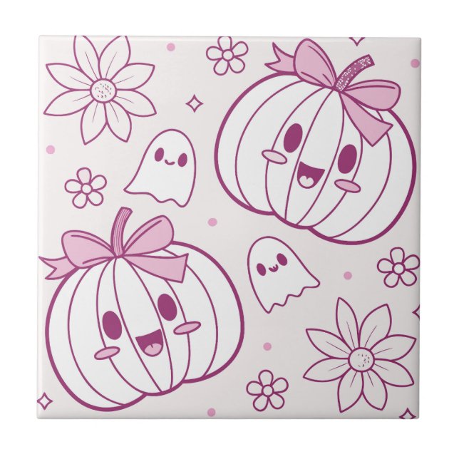 Kawaii Pumpkins, Ghosts & Flowers Ceramic Tile (Front)