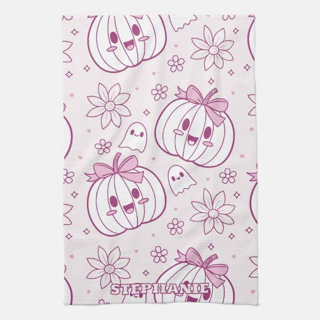 Kawaii Pumpkins, Ghosts & Flowers Kitchen Towel (Vertical)