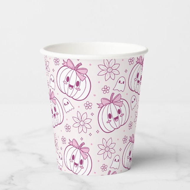 Kawaii Pumpkins, Ghosts & Flowers Paper Cups (Front)