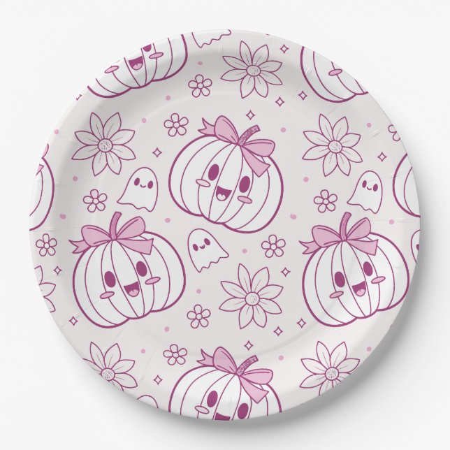 Kawaii Pumpkins, Ghosts & Flowers Paper Plates (Front)
