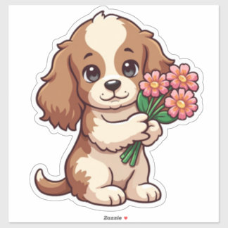 Kawaii Pup Holding Flowers Sticker
