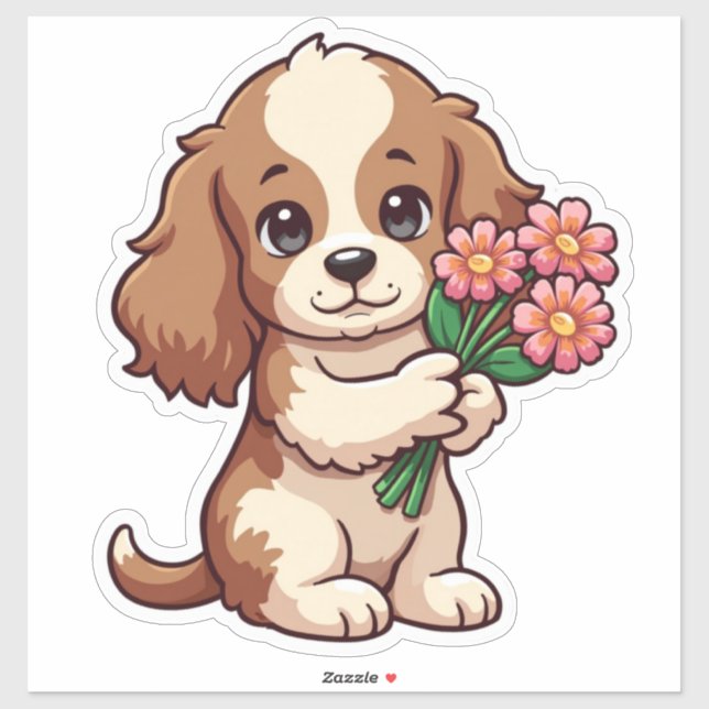Kawaii Pup Holding Flowers Sticker (Sheet)