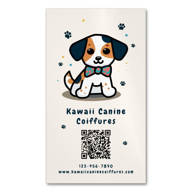 Kawaii puppy qr code dog grooming business card magnet (Front Vertical)