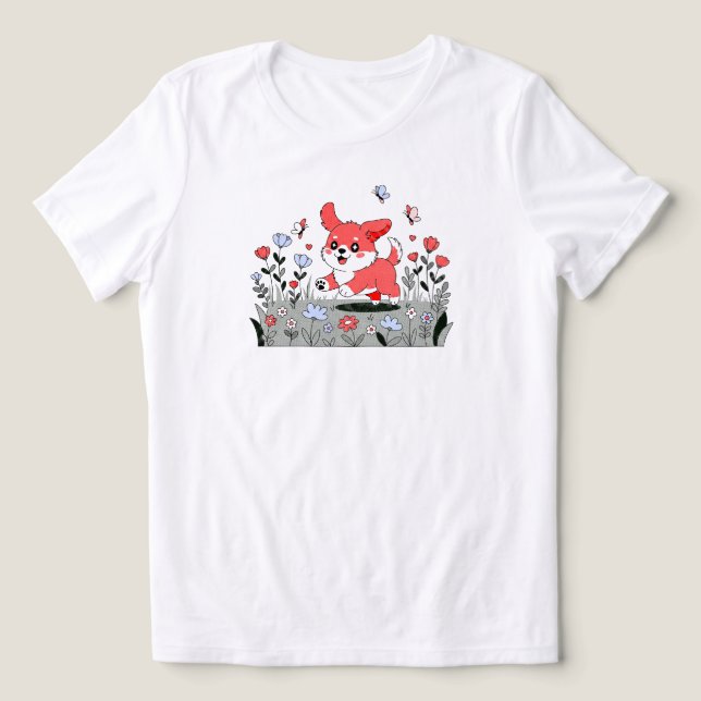 "Kawaii Puppy with Butterflies | WHITE ONLY Tri-Blend Shirt (Design Front)