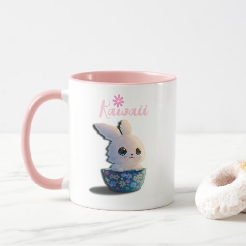 kawaii rabbit in a bowl decorated with flowers mug