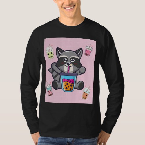 Kawaii Raccoon Bubble Boba Milk Tea Japanese Aesth T_Shirt