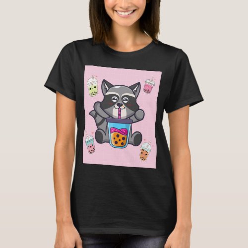Kawaii Raccoon Bubble Boba Milk Tea Japanese Aesth T_Shirt