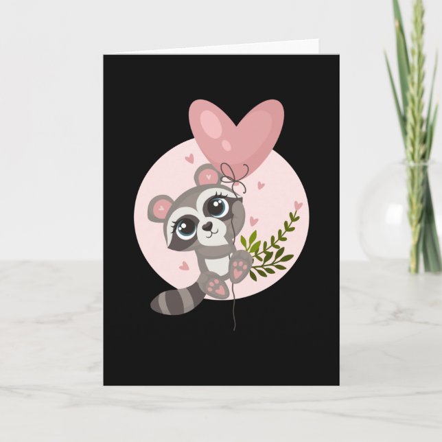 Kawaii Raccoon with Balloon for Valentine's Day Card (Front)