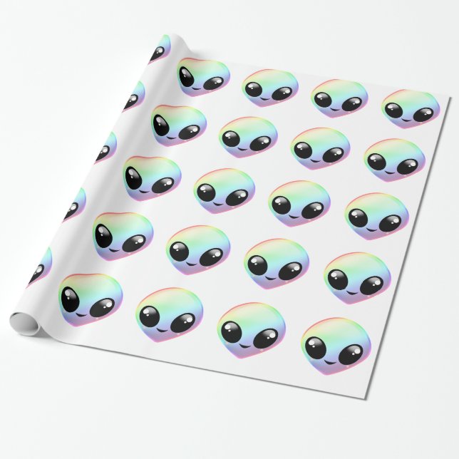 Kawaii Rainbow Alien Wrapping Paper (Unrolled)