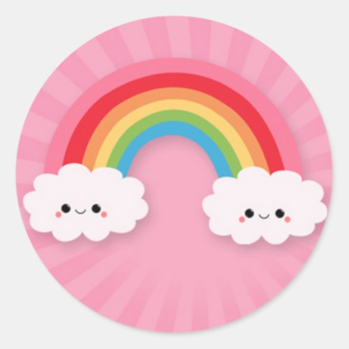 Kawaii Rainbow and Clouds on Pink Starburst Classic Round Sticker