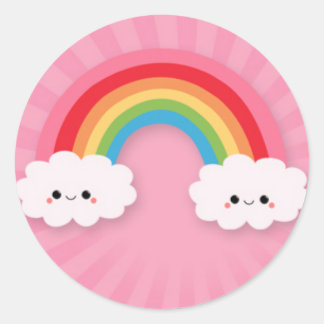 Kawaii Rainbow and Clouds on Pink Starburst Classic Round Sticker