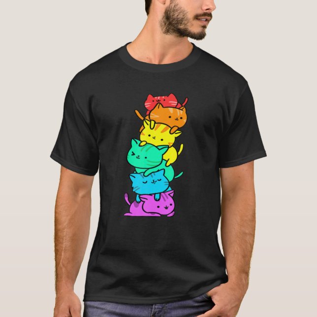 Kawaii Rainbow Cat Pile For LGBT Gift For Cat Love T-Shirt (Front)